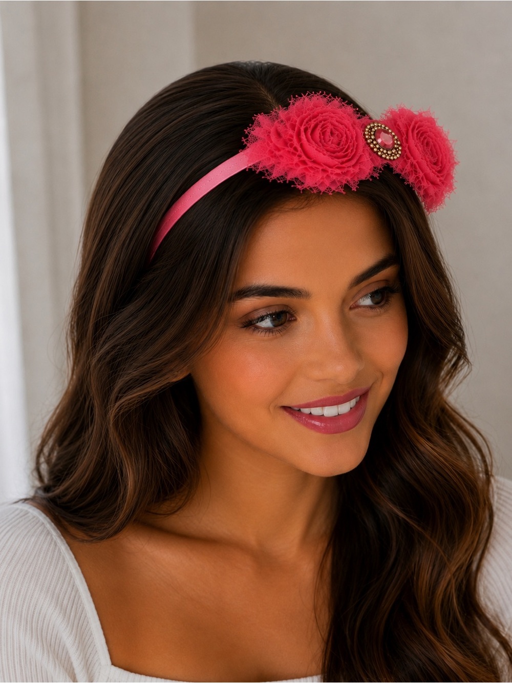 Pink Floral Satin Headband with Rosette Accents